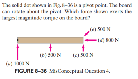 The solid dot shown in Fig. 8–36 is a pivot point. The board
can rotate about the pivot. Which force shown exerts the
largest magnitude torque on the board?
(e) 500 N
• (d) 800 N
(b) 500 N
(c) 500 N
(a) 1000 N
FIGURE 8–36 MisConceptual Question 4.

