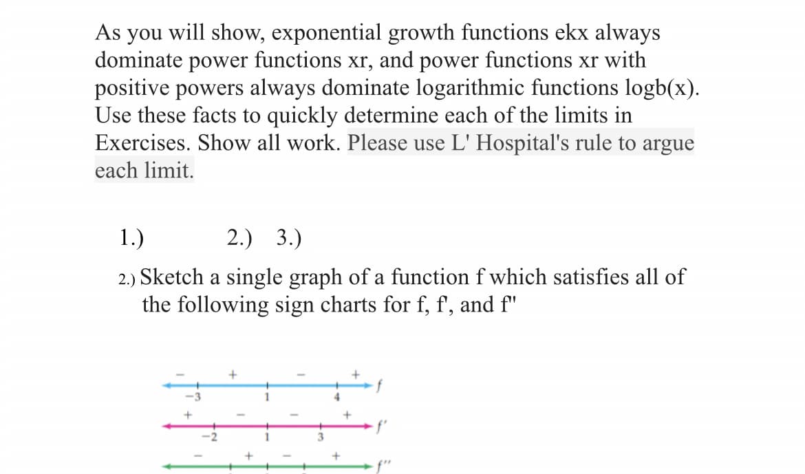 As you will show, exponential growth functions ekx always
dominate power functions xr, and power functions xr with
positive powers always dominate logarithmic functions logb(x).
Use these facts to quickly determine each of the limits in
Exercises. Show all work. Please use L' Hospital's rule to argue
each limit.
1.)
2.) 3.)
2.) Sketch a single graph of a function f which satisfies all of
the following sign charts for f, f, and f"
f
4
3
