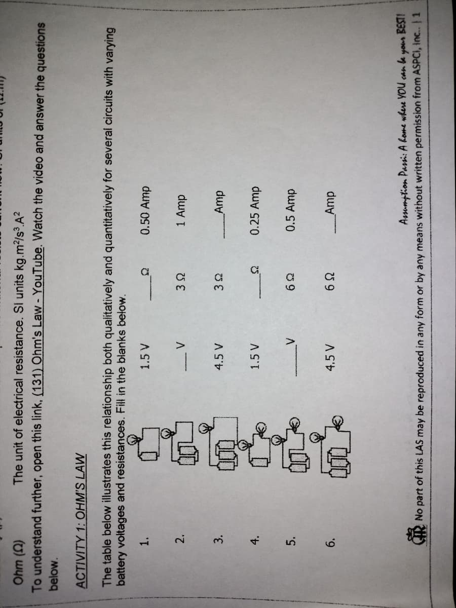 The unit of electrical resistance. Sl units kg.m?/s³.A?
To understand further, open this link, (131) Ohm's Law- YouTube. Watch the video and answer the questions
below.
ACTIVITY 1: OHM'S LAW
The table below illustrates this relationship both qualitatively and quantitatively for several circuits with varying
battery voltages and resistances. Fill in the blanks below.
1.5 V
0.50 Amp
1.
2.
3.
4.5 V
Amp
4.
1.5 V
0.25 Amp
5.
0.5 Amp
09
6.
Amp
Assumption Passi: A kome where YOU can le your BEST!
CR No part of this LAS may be reproduced in any form or by any means without written permission from ASPCI, inc.. 1
