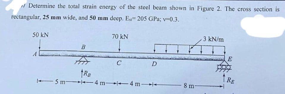 Determine the total strain energy of the steel beam shown in Figure 2. The cross section is
rectangular, 25 mm wide, and 50 mm deep. Est 205 GPa; v=0.3.
3 kN/m
70 kN
50 kN
B
E
C
D
RE
RB
+-5 m- 4 m e4 m +
8 m-
