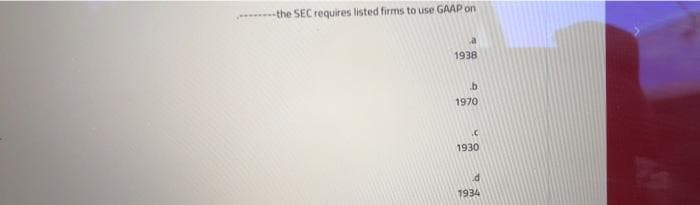 --the SEC requires listed firms to use GAAP on
1938
1970
1930
1934
