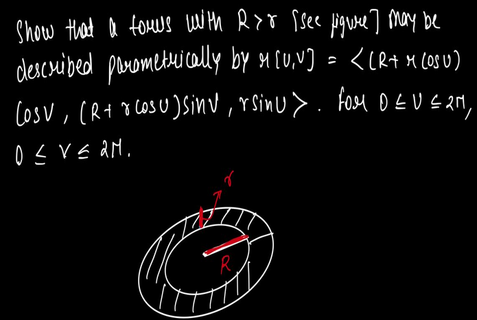 Show that a fomews wwth R>o ssee Higue] may be
descmibed planometuically by n cu.v) = <cR+ x o0U)
Cosv, (R+ 8 COSU)Sinv, rSinU > . Fosu OEU E aM,
