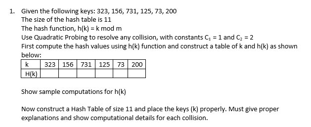 1. Given the following keys: 323, 156, 731, 125, 73, 200
The size of the hash table is 11
The hash function, h(k)= k mod m
Use Quadratic Probing to resolve any collision, with constants C₁ = 1 and C₂ = 2
First compute the hash values using h(k) function and construct a table of k and h(k) as shown
below:
k
H(K)
323 156 731 125 73 200
Show sample computations for h(k)
Now construct a Hash Table of size 11 and place the keys (k) properly. Must give proper
explanations and show computational details for each collision.