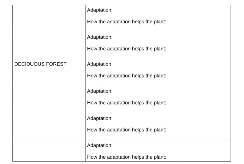 DECIDUOUS FOREST
Adaptation:
How the adaptation helps the plant:
Adaptation:
How the adaptation helps the plant:
Adaptation:
How the adaptation helps the plant:
Adaptation:
How the adaptation helps the plant:
Adaptation:
How the adaptation helps the plant:
Adaptation:
How the adaptation helps the plant:
