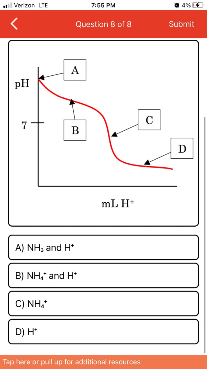 l Verizon LTE
7:55 PM
O 4% C
Question 8 of 8
Submit
А
pH
В
D
mL H+
A) NH3 and H*
B) NH,* and H*
C) NH,*
D) H*
Tap here or pull up for additional resources
