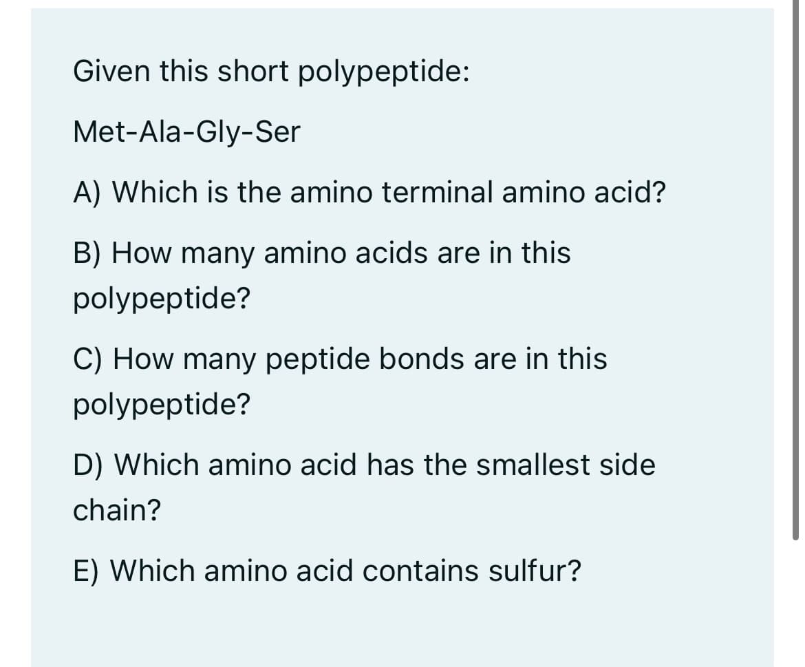 Given this short polypeptide:
Met-Ala-Gly-Ser
A) Which is the amino terminal amino acid?
B) How many amino acids are in this
polypeptide?
C) How many peptide bonds are in this
polypeptide?
D) Which amino acid has the smallest side
chain?
E) Which amino acid contains sulfur?