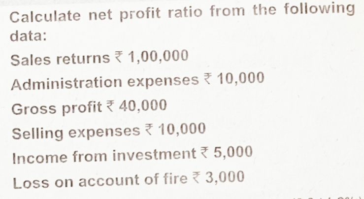 Calculate net profit ratio from the following
data:
Sales returns 1,00,000
Administration expenses ? 10,000
Gross profit ? 40,000
Selling expenses 10,000
Income from investment 5,000
Loss on account of fire 3,000
