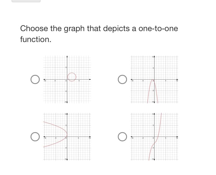 Choose the graph that depicts a one-to-one
function.
-10
-5
+
+
30
5