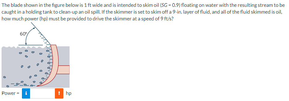 The blade shown in the figure below is 1 ft wide and is intended to skim oil (SG = 0.9) floating on water with the resulting stream to be
caught in a holding tank to clean-up an oil spill. If the skimmer is set to skim off a 9-in. layer of fluid, and all of the fluid skimmed is oil,
how much power (hp) must be provided to drive the skimmer at a speed of 9 ft/s?
60%
Power = i
! hp