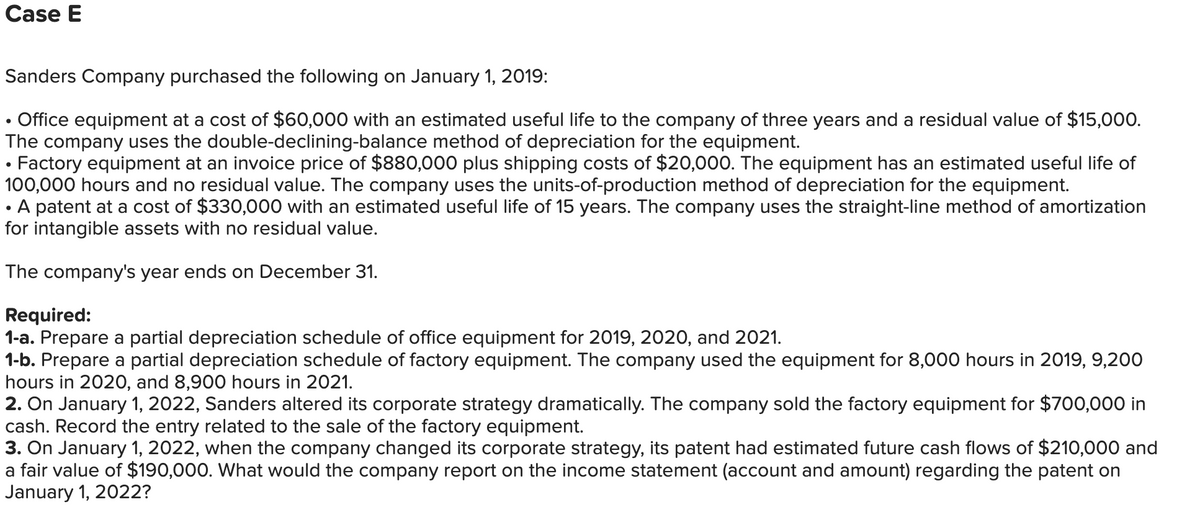Case E
Sanders Company purchased the following on January 1, 2019:
Office equipment at a cost of $60,000 with an estimated useful life to the company of three years and a residual value of $15,000.
The company uses the double-declining-balance method of depreciation for the equipment.
Factory equipment at an invoice price of $880,000 plus shipping costs of $20,000. The equipment has an estimated useful life of
100,000 hours and no residual value. The company uses the units-of-production method of depreciation for the equipment.
A patent at a cost of $330,000 with an estimated useful life of 15 years. The company uses the straight-line method of amortization
for intangible assets with no residual value.
The company's year ends on December 31.
Required:
1-a. Prepare a partial depreciation schedule of office equipment for 2019, 2020, and 2021.
1-b. Prepare a partial depreciation schedule of factory equipment. The company used the equipment for 8,000 hours in 2019, 9,200
hours in 2020, and 8,900 hours in 2021.
2. On January 1, 2022, Sanders altered its corporate strategy dramatically. The company sold the factory equipment for $700,000 in
cash. Record the entry related to the sale of the factory equipment.
3. On January 1, 2022, when the company changed its corporate strategy, its patent had estimated future cash flows of $210,000 and
a fair value of $190,000. What would the company report on the income statement (account and amount) regarding the patent on
January 1, 2022?
