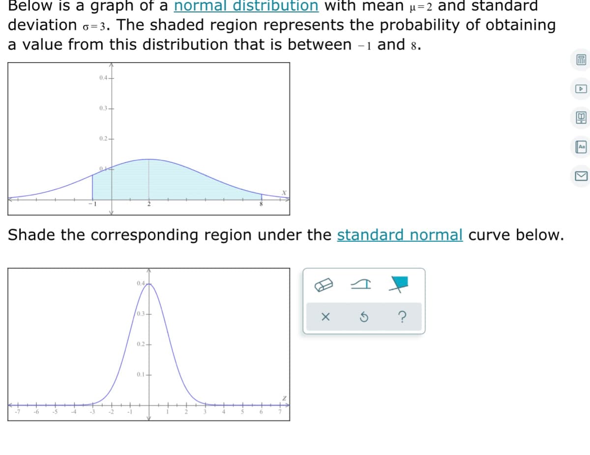 Below is a graph of a normal distribution with mean µ=2 and standard
deviation o=3. The shaded region represents the probability of obtaining
a value from this distribution that is between -1 and 8.
0.4+
0.3-
0.2-
Aa
Shade the corresponding region under the standard normal curve below.
0.4
0.3+
0.2-
0.1-

