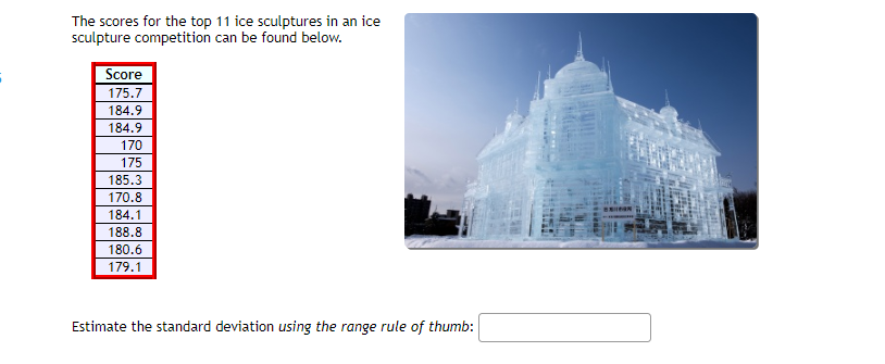 The scores for the top 11 ice sculptures in an ice
sculpture competition can be found below.
Score
175.7
184.9
184.9
170
175
185.3
170.8
184.1
188.8
180.6
179.1
Estimate the standard deviation using the range rule of thumb:

