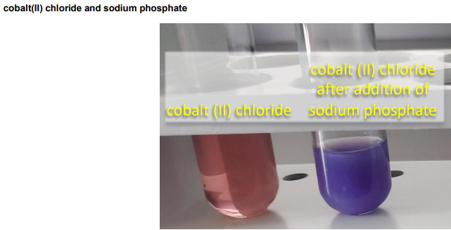 cobalt(II) chloride and sodium phosphate
cobalt (I) chloride
after addition of
cobalt () chloride sodium phosphate
