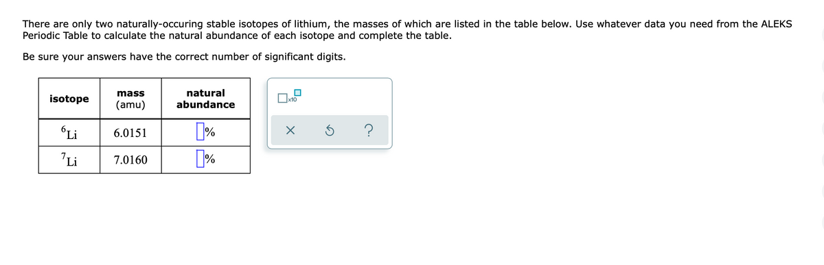 There are only two naturally-occuring stable isotopes of lithium, the masses of which are listed in the table below. Use whatever data you need from the ALEKS
Periodic Table to calculate the natural abundance of each isotope and complete the table.
Be sure your answers have the correct number of significant digits.
mass
natural
isotope
(amu)
abundance
"Li
[%
6.0151
Li
%
7.0160
