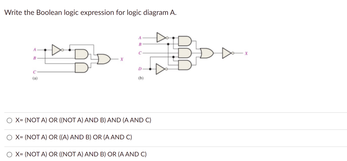 Write the Boolean logic expression for logic diagram A.
A
B
(a)
X
A
B
C
(b)
O X= (NOT A) OR ((NOT A) AND B) AND (A AND C)
O X= (NOT A) OR ((A) AND B) OR (A AND C)
O X= (NOT A) OR ((NOT A) AND B) OR (A AND C)