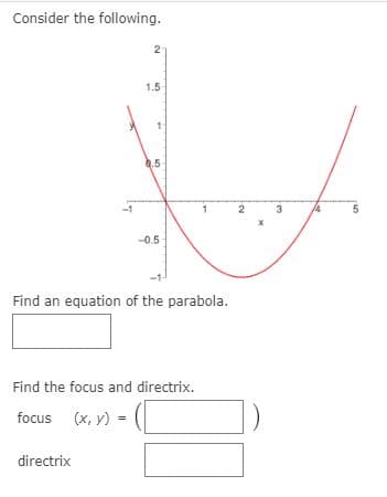 Consider the following.
1.5
.5
5
-0.5
Find an equation of the parabola.
Find the focus and directrix.
focus (x, y) =
directrix
3.
2.
