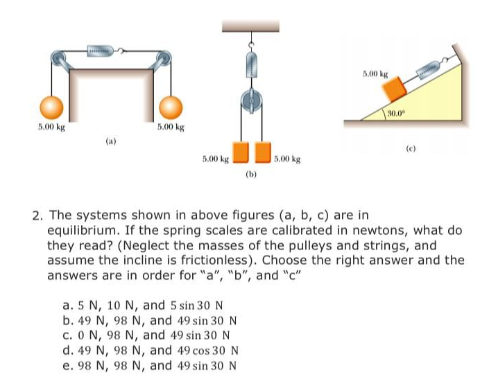 5.00 kg
30.0°
5.00 kg
5.00 kg
(a)
(c)
5.00 kg
5.00 kg
(b)
2. The systems shown in above figures (a, b, c) are in
equilibrium. If the spring scales are calibrated in newtons, what do
they read? (Neglect the masses of the pulleys and strings, and
assume the incline is frictionless). Choose the right answer and the
answers are in order for "a", "b", and "c"
a. 5 N, 10 N, and 5 sin 30 N
b. 49 N, 98 N, and 49 sin 30 N
c. 0 N, 98 N, and 49 sin 30 N
d. 49 N, 98 N, and 49 cos 30 N
e. 98 N, 98 N, and 49 sin 30 N
