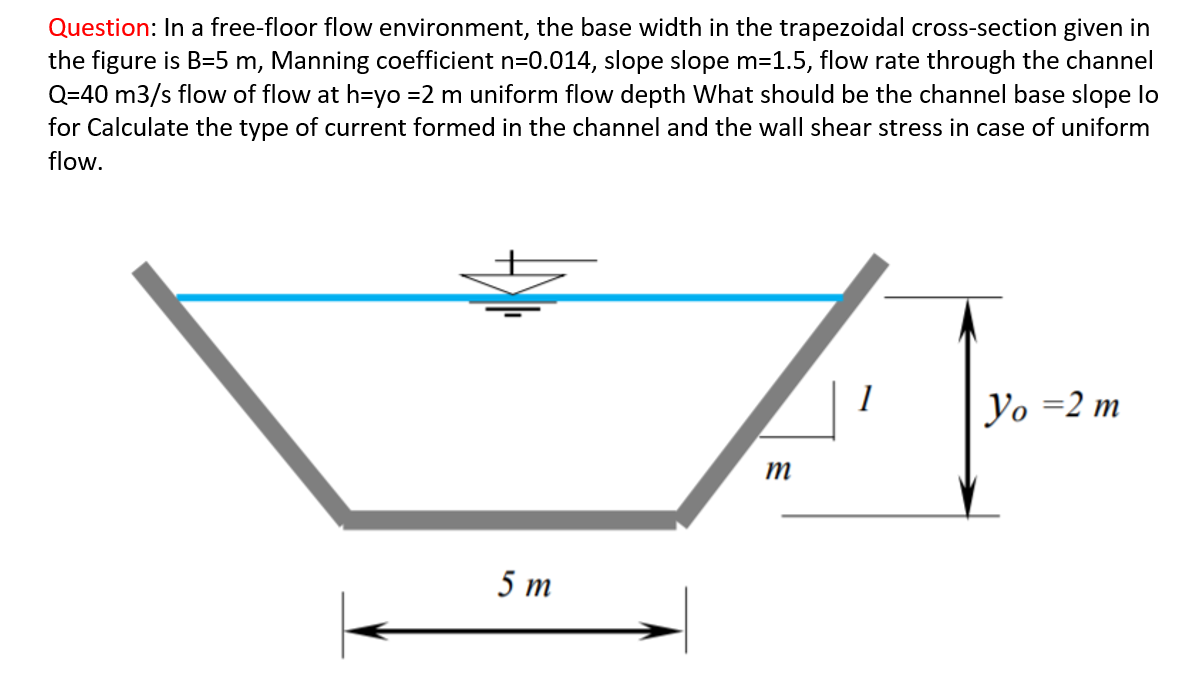 Question: In a free-floor flow environment, the base width in the trapezoidal cross-section given in
the figure is B=5 m, Manning coefficient n=0.014, slope slope m=1.5, flow rate through the channel
Q=40 m3/s flow of flow at h=yo =2 m uniform flow depth What should be the channel base slope lo
for Calculate the type of current formed in the channel and the wall shear stress in case of uniform
flow.
1
Yo =2 m
m
5 т
