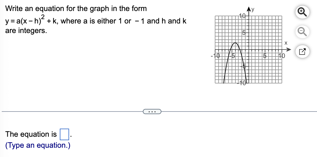 Write an equation for the graph in the form
2
10-
y = a(x - h) + k, where a is either 1 or - 1 and h and k
are integers.
...
The equation is
(Type an equation.)
