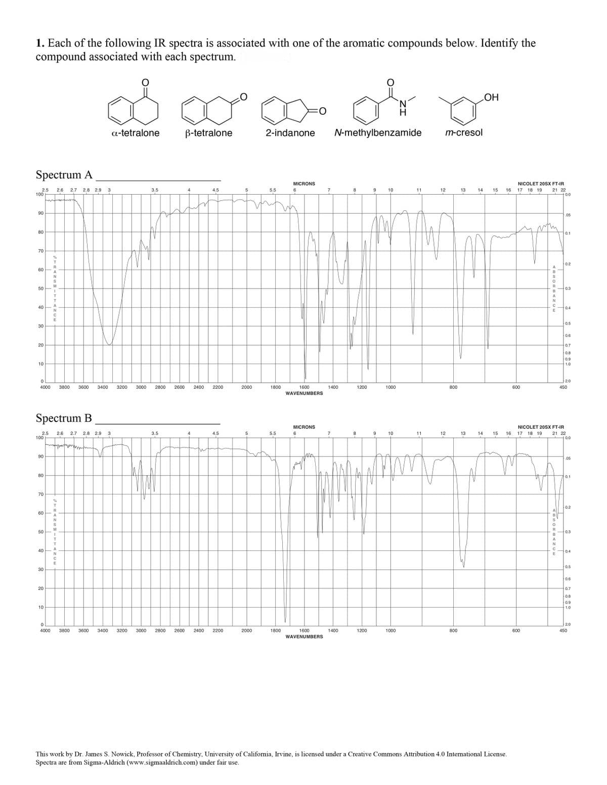 1. Each of the following IR spectra is associated with one of the aromatic compounds below. Identify the
compound associated with each spectrum.
N.
H
HO
a-tetralone
B-tetralone
2-indanone
N-methylbenzamide
m-cresol
Spectrum A
MICRONS
NICOLET 20SX FT-IR
2.8 2.9
2.5
100
2.6
2.7
3.5
4
4.5
5.5
7
10
11
12
13
14
15
16 17 18 19
21 22
0.0
90
.05
80
0.1
70
%
0.2
60
50
0.3
40
0.4
0.5
30
-0.6
20
0.7
0.8
0.9
1.0
2.0
4000
3800
3600
3400
3200
3000
2800
2600
2400
2200
2000
1800
1600
1400
1200
1000
800
600
450
WAVENUMBERS
Spectrum B
MICRONS
NICOLET 20SX FT-IR
2.5
100
2.6
2.7
2.8
2.9
3
3.5
4
4.5
5.5
7
8
10
11
12
13
14
15
16
17
18 19
21 22
+ 0.0
90
.05
80
0.1
70
%
0.2
60
50
-0.3
B
40
0.4
E
0.5
30
0.6
20
0.7
0.8
0.9
10
1.0
2.0
4000
3800
3600
3400
3200
3000
2800
2600
2400
2200
2000
1800
1600
1400
1200
1000
800
600
450
WAVENUMBERS
This work by Dr. James S. Nowick, Professor of Chemistry, University of California, Irvine, is licensed under a Creative Commons Attribution 4.0 International License.
Spectra are from Sigma-Aldrich (www.sigmaaldrich.com) under fair use.
ABSORBANCE
ERANSMITT
ANCE
TRANSMITT ANCE
10
