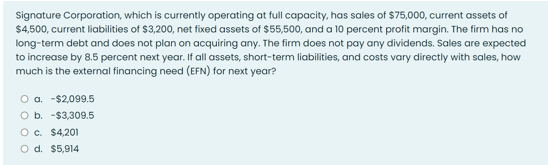 Signature Corporation, which is currently operating at full capacity, has sales of $75,000, current assets of
$4,500, current liabilities of $3,200, net fixed assets of $55,500, and a 10 percent profit margin. The firm has no
long-term debt and does not plan on acquiring any. The firm does not pay any dividends. Sales are expected
to increase by 8.5 percent next year. If all assets, short-term liabilities, and costs vary directly with sales, how
much is the external financing need (EFN) for next year?
O a. -$2,099.5
O b. -$3,309.5
O c. $4,201
O d. $5,914