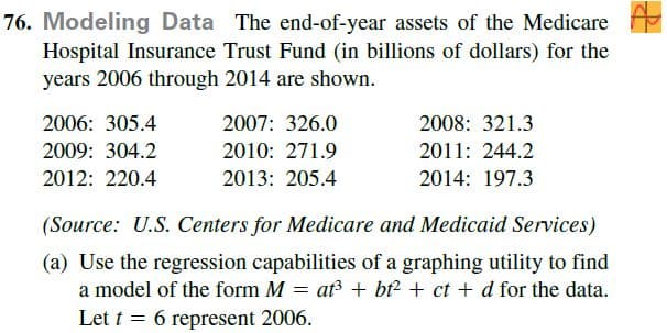 76. Modeling Data The end-of-year assets of the Medicare
Hospital Insurance Trust Fund (in billions of dollars) for the
years 2006 through 2014 are shown.
2006: 305.4
2007: 326.0
2008: 321.3
2009: 304.2
2010: 271.9
2011: 244.2
2012: 220.4
2013: 205.4
2014: 197.3
(Source: U.S. Centers for Medicare and Medicaid Services)
(a) Use the regression capabilities of a graphing utility to find
at + bf + ct + d for the data.
a model of the form M
Let t = 6 represent 2006.
