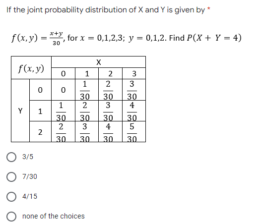 If the joint probability distribution of X and Y is given by *
x+y
f (x, y) =
for x =
30
0,1,2,3; y = 0,1,2. Find P(X + Y = 4)
X
f(x,y)
2
3
1
2
3
30
2
30
30
3
4
Y
1
30
2
30
30
4
30
5
3
2
30
30
30
30
О 35
O 7/30
O 4/15
none of the choices
