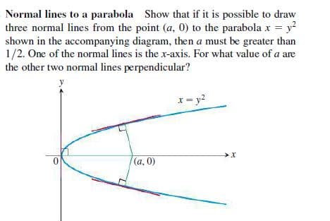 Normal lines to a parabola Show that if it is possible to draw
three normal lines from the point (a, 0) to the parabola x = y?
shown in the accompanying diagram, then a must be greater than
1/2. One of the normal lines is the x-axis. For what value of a are
the other two normal lines perpendicular?
x= y?
(а, 0)
