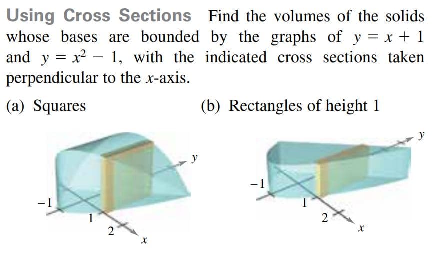 Using Cross Sections Find the volumes of the solids
whose bases are bounded by the graphs of y = x + 1
and y = x? – 1, with the indicated cross sections taken
perpendicular to the x-axis.
(a) Squares
(b) Rectangles of height 1
y
-1
-1
1
1
2
