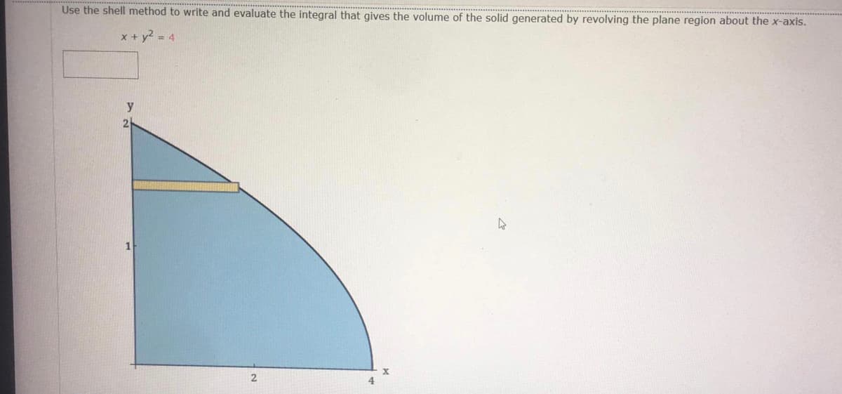 Use the shell method to write and evaluate the integral that gives the volume of the solid generated by revolving the plane region about the x-axis.
x + y2 = 4
