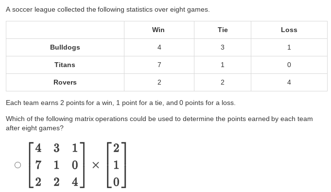 A soccer league collected the following statistics over eight games.
Win
Tie
Loss
Bulldogs
4.
1
Titans
7
1.
Rovers
2
2
4
Each team earns 2 points for a win, 1 point for a tie, and 0 points for a loss.
Which of the following matrix operations could be used to determine the points earned by each team
after eight games?
4
3 1
7
1 0
1
2
2 4
3.
