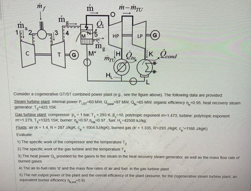 m
m-mTU
ma
3
4.
LP FO
M
HP
m.
3,
M*
C
K
K Ocond
HL
Consider a cogenerative GT/ST combined power plant (e g., see the figure above). The following data are provided:
Steam turbine plant internal power PST-60 MW, Qond97 MW, Q-65 MW, organic efficiency n.=0.95, heat recovery steam
generator. T,-423.15K
Gas turbine plant compressor p, = 1 bar, T, = 293 K, B,-10, polytropic exponent m=1.473; turbine: polytropic exponent
m=1.279, T,=1325.15K, burner. n=0.97,n=0.97, fuel. H-42500 kJ/kg,
Fluids air (k = 1.4, R= 287 J/kgK, c = 1004.5J/kgK), burned gas (k' = 1.335, R'=293 J/kgK, c=1168 J/kgK)
iST
190
80
1) The specific work of the compressor and the temperature T,
Evaluate:
2) The specific work of the gas turbine and the temperature T,
3) The heat power Q, provided by the gases to the steam in the heat recovery steam generator, as well as the mass flow rate of
burned gases
4) The air-to-fuel ratio 'a' and the mass flow rates of air and fuel in the gas turbine plant
5) The net output power of the plant and the overall efficiency of the plant (assume, for the cogenerative steam turbine plant, an
equivalent burner efficiency ne0.9)
