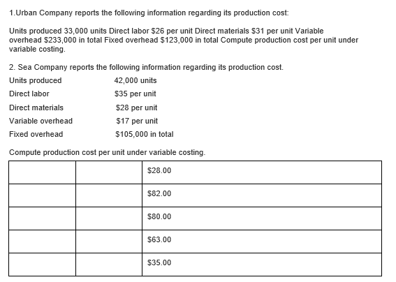 1.Urban Company reports the following information regarding its production cost:
Units produced 33,000 units Direct labor $26 per unit Direct materials $31 per unit Variable
overhead $233,000 in total Fixed overhead $123,000 in total Compute production cost per unit under
variable costing.
2. Sea Company reports the following information regarding its production cost.
Units produced
42,000 units
Direct labor
$35 per unit
Direct materials
$28 per unit
Variable overhead
$17 per unit
Fixed overhead
$105,000 in total
Compute production cost per unit under variable costing.
$28.00
$82.00
$80.00
$63.00
$35.00
