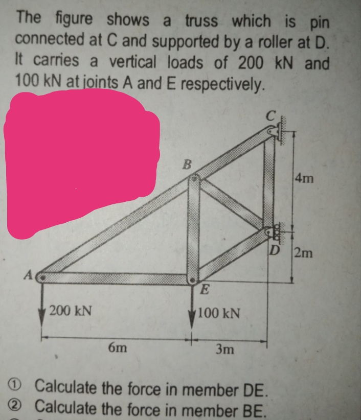 The figure shows a truss which is pin
connected at C and supported by a roller at D.
It carries a vertical loads of 200 kN and
100 kN at joints A and E respectively.
4m
D 2m
200 kN
100 kN
6m
3m
O Calculate the force in member DE.
2 Calculate the force in member BE.

