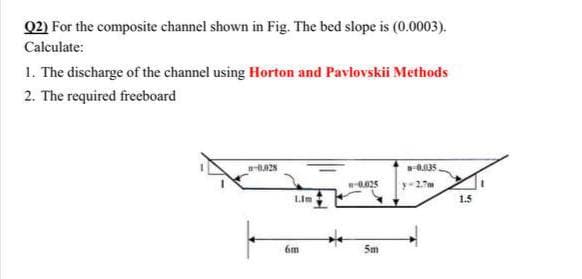 Q2) For the composite channel shown in Fig. The bed slope is (0.0003).
Calculate:
1. The discharge of the channel using Horton and Pavlovskii Methods
2. The required freeboard
y-2.7
Lim
1.5
5m
