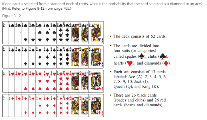 If one card is selected from a standard deck of cards, what is the probability that the card selected is a diamond or an ace?
(Hint: Refer to Figure 8-12 from page 755.)
Figure 8-12
• The deck consists of 52 cards.
• The cards are divided into
four suits (or categories)
called spades (), clubs «
), and diamonds
hearts
• Each suit consists of 13 cards
labeled: Ace (A), 2, 3, 4, 5, 6,
7, 8, 9, 10, Jack (J),
Queen (Q), and King (K).
• There are 26 black cards
(spades and clubs) and 26 red
cards (hearts and diamonds).

