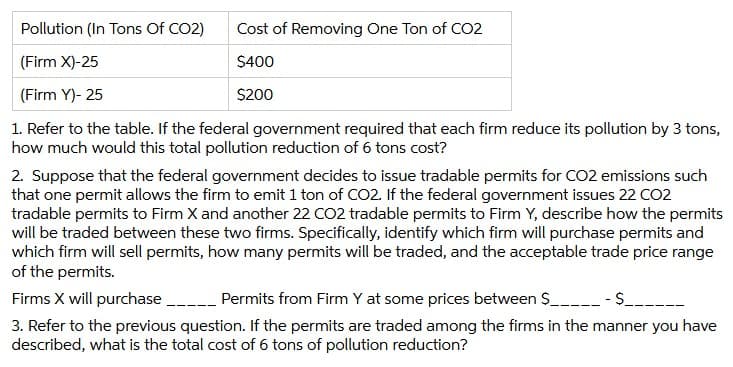 Pollution (In Tons Of CO2)
Cost of Removing One Ton of CO2
(Firm X)-25
$400
(Firm Y)- 25
S200
1. Refer to the table. If the federal government required that each firm reduce its pollution by 3 tons,
how much would this total pollution reduction of 6 tons cost?
2. Suppose that the federal government decides to issue tradable permits for CO2 emissions such
that one permit allows the firm to emit 1 ton of CO2. If the federal government issues 22 CO2
tradable permits to Firm X and another 22 CO2 tradable permits to Firm Y, describe how the permits
will be traded between these two firms. Specifically, identify which firm will purchase permits and
which firm will sell permits, how many permits will be traded, and the acceptable trade price range
of the permits.
Firms X will purchase --
Permits from Firm Y at some prices between $_-- - S-
3. Refer to the previous question. If the permits are traded among the firms in the manner you have
described, what is the total cost of 6 tons of pollution reduction?
