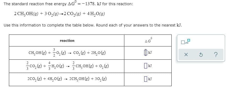 The standard reaction free energy AG = -1378. kJ for this reaction:
2 CH,OH(g) + 30,(g)→2 CO,(9) + 4H,0(g)
Use this information to complete the table below. Round each of your answers to the nearest kJ.
reaction
AG
CH, OH (3) +
0, (3) -
co, (3) + 2H,0(3)
kJ
4
co, (e) + H,0(3) - CH,OH(2) + 0, (2)
20o, (3) + 4H,0(g) - 2CH, OH(2) + 30, (3)

