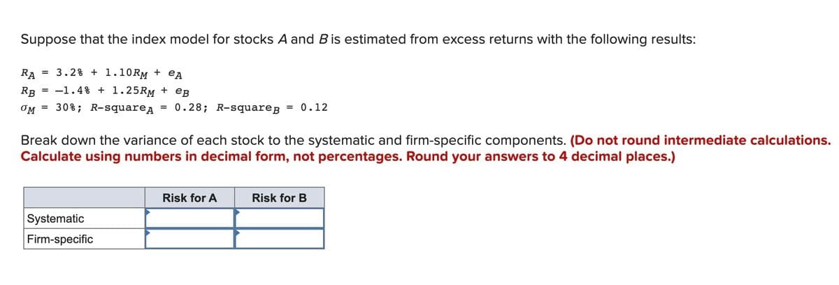 Suppose that the index model for stocks A and B is estimated from excess returns with the following results:
RA
3.2% + 1.10RM + EA
RB
= -1.4% + 1.25RM + eB
OM = 30%; R-squarea = 0.28; R-squareB = 0.12
Break down the variance of each stock to the systematic and firm-specific components. (Do not round intermediate calculations.
Calculate using numbers in decimal form, not percentages. Round your answers to 4 decimal places.)
Risk for A
Risk for B
Systematic
Firm-specific
