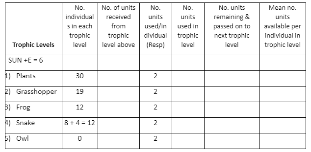 No. of units
No. units
remaining &
passed on to
next trophic
No.
No.
No.
Mean no.
individual
received
units
units
units
s in each
trophic
level
from
used/in
used in
available per
trophic
level
trophic
dividual
individual in
Trophic Levels
level above
(Resp)
level
trophic level
SUN +E = 6
4) Plants
30
2
2) Grasshopper
19
2
B) Frog
12
4) Snake
8 + 4 = 12
5) Owl
2.
