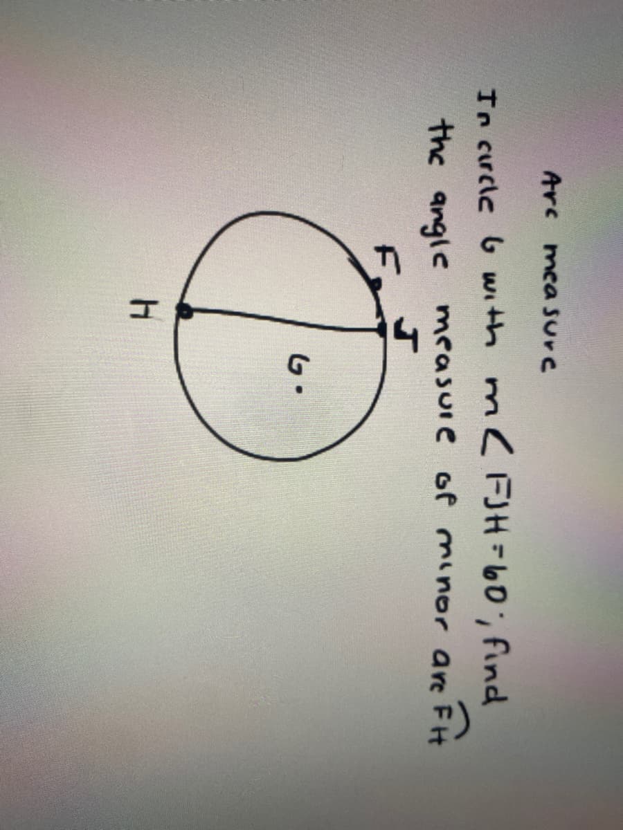 Arc measure
In crcle b with m<FJH-60, find
the angle measuie of minor are FH
G.
