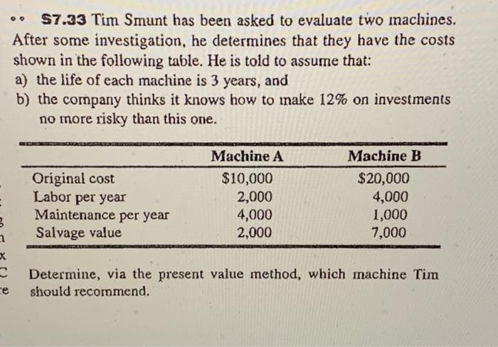 S7.33 Tim Smunt has been asked to evaluate two machines.
After some investigation, he determines that they have the costs
shown in the following table. He is told to assume that:
a) the life of each machine is 3 years, and
b) the company thinks it knows how to make 12% on investments
no more risky than this one.
Machine A
Machine B
Original cost
Labor per year
Maintenance per year
Salvage value
$10,000
2,000
$20,000
4,000
1,000
7,000
4,000
2,000
Determine, via the present value method, which machine Tim
ce
should recommend.
