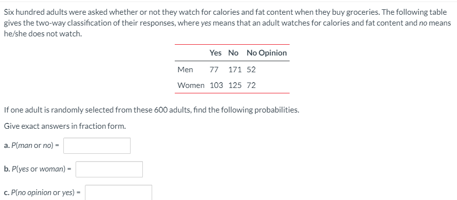 Six hundred adults were asked whether or not they watch for calories and fat content when they buy groceries. The following table
gives the two-way classification of their responses, where yes means that an adult watches for calories and fat content and no means
he/she does not watch.
Yes No No Opinion
Men
77 171 52
Women 103 125 72
If one adult is randomly selected from these 600 adults, find the following probabilities.
Give exact answers in fraction form.
a. P(man or no) =
b. P(yes or woman) =
c. P(no opinion or yes) =
