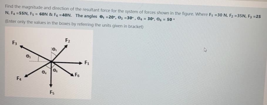 Find the magnitude and direction of the resultant force for the system of forces shown in the figure. Where F1 =30 N, F2 =35N, F3 =25
N, F4 =55N, Fs = 60N & F6 =40N. The angles e, =20°, z =30 , 84 = 30", Og = 50•
%3D
(Enter only the values in the boxes by referring the units given in bracket)
F2
F3
F1
es
F6
F4
Fs
