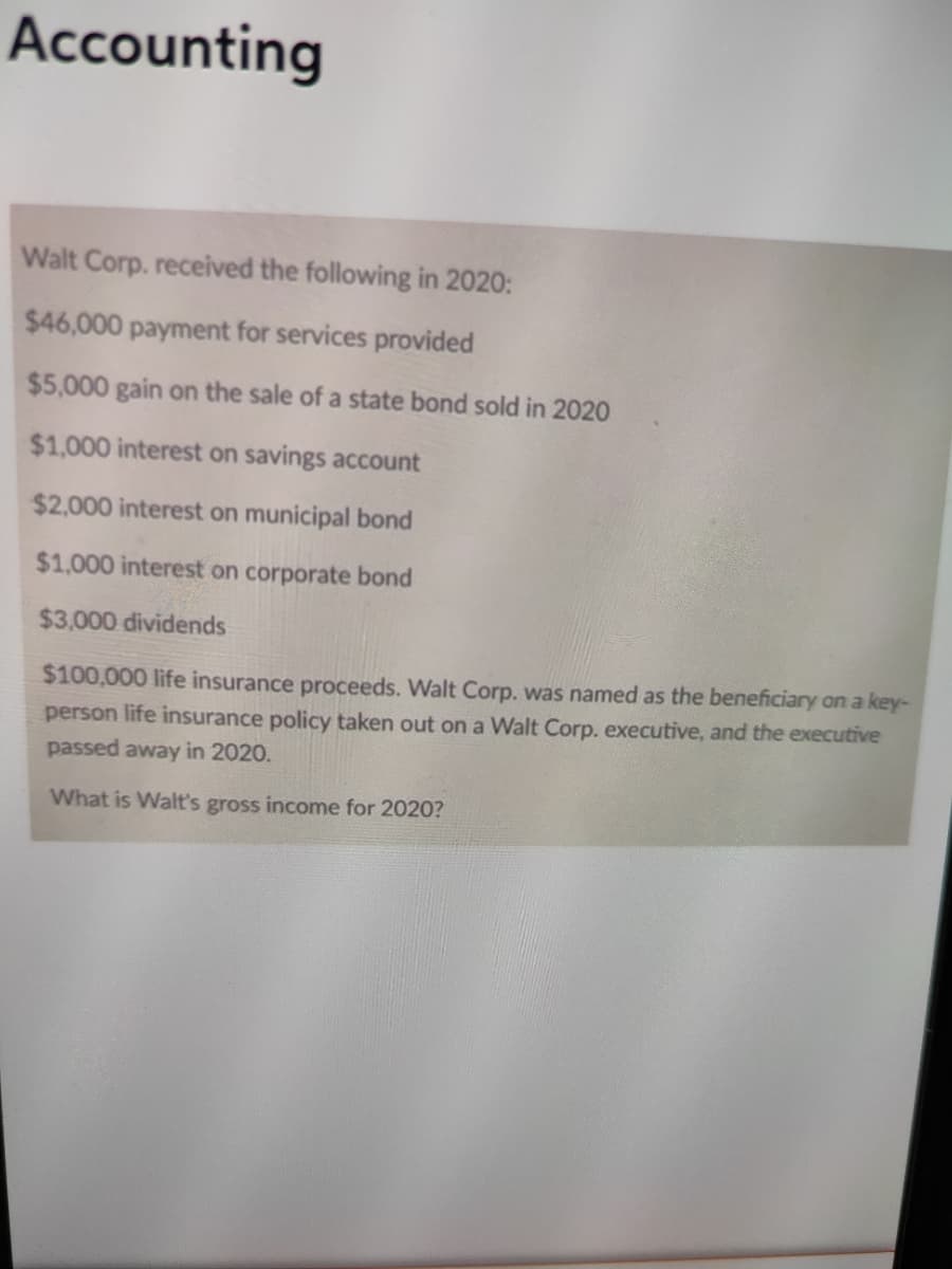 Accounting
Walt Corp. received the following in 2020:
$46,000 payment for services provided
$5,000 gain on the sale of a state bond sold in 2020
$1,000 interest on savings account
$2,000 interest on municipal bond
$1,000 interest on corporate bond
$3,000 dividends
$100,000 life insurance proceeds. Walt Corp. was named as the beneficiary on a key-
person life insurance policy taken out on a Walt Corp. executive, and the executive
passed away in 2020.
What is Walt's gross income for 2020?
