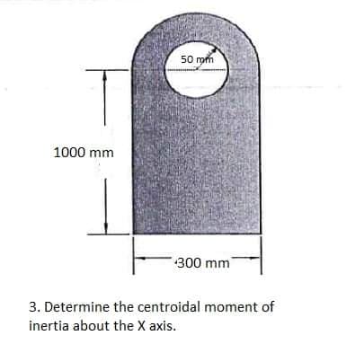 50 mm
1000 mm
300 mm
3. Determine the centroidal moment of
inertia about the X axis.
