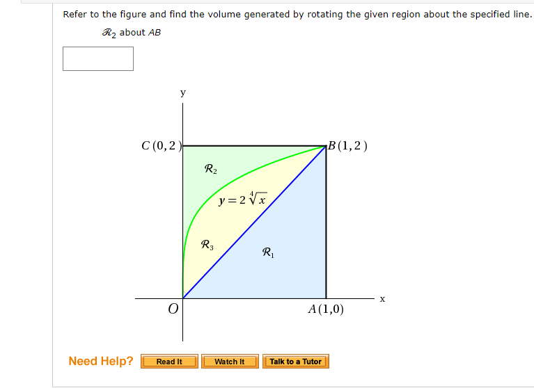 Refer to the figure and find the volume generated by rotating the given region about the specified line.
Rz about AB
