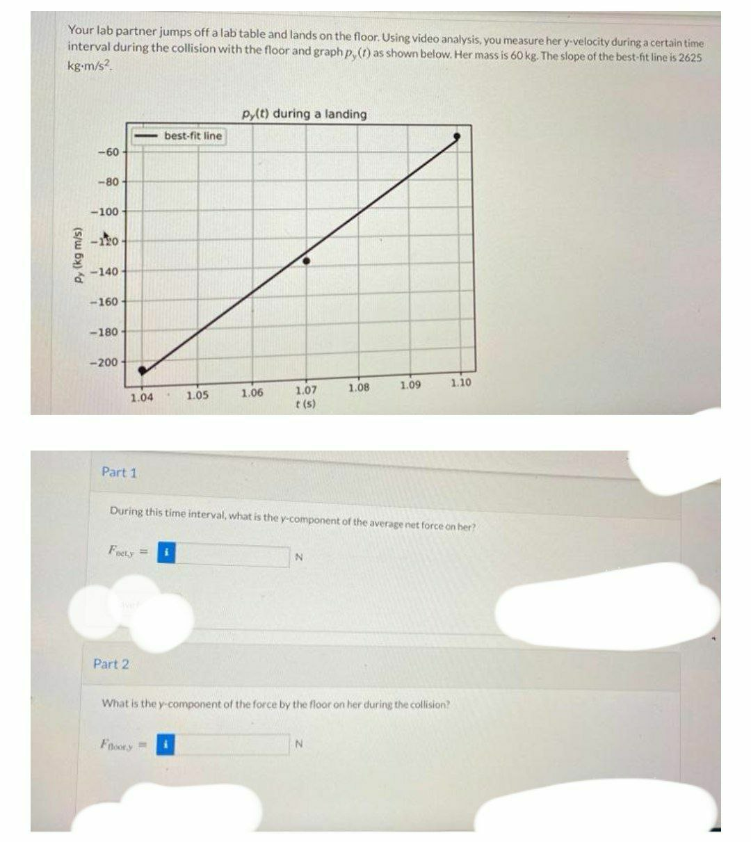 Your lab partner jumps off a lab table and lands on the floor. Using video analysis, you measure her y-velocity during a certain time
interval during the collision with the floor and graph p, (1) as shown below. Her mass is 60 kg. The slope of the best-fit line is 2625
kg-m/s?.
p,(t) during a landing
best-fit line
-60
-80
-100
-to
* -140
-160
-180
-200
1.08
1.09
1.10
1.07
t (s)
1.04
1.05
1.06
Part 1
During this time interval, what is the y-component of the average net force on her?
Fnety =
er
Part 2
What is the y-component of the force by the floor on her during the collision?
Fnoory=
Py (kg m/s)
