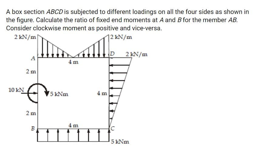 A box section ABCD is subjected to different loadings on all the four sides as shown in
the figure. Calculate the ratio of fixed end moments at A and B for the member AB.
Consider clockwise moment as positive and vice-versa.
2 kN/m
12 kN/m
D
2 kN/m
A
4 m
2 m
10ΚΝ
5 kNm
4 m
2 m
4 m
B
5 kNm
