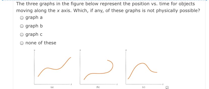The three graphs in the figure below represent the position vs. time for objects
moving along the x axis. Which, if any, of these graphs is not physically possible?
O graph a
O graph b
O graph c
O none of these
(a)
(b)
(c)
